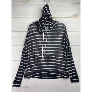 T/o Sweater Womens L Black White Stripe Hooded Lightweight Knit Long Sleeve Y2K